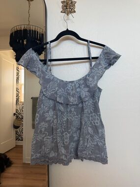 Blue Floral Lace-Trim Off-Shoulder Women’s Top